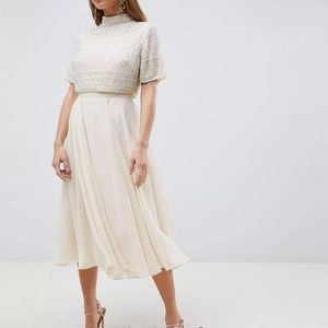ASOS DESIGN Petite midi dress with high neck crop top in delicate embellishment